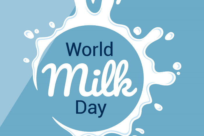 Granatowo biały napis światowy dzień mleka